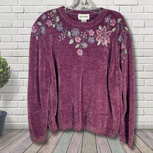 Alfred Dunner VTG 80s 90s XL Purple Embroidered Velour Sweater Granny Chic Flora